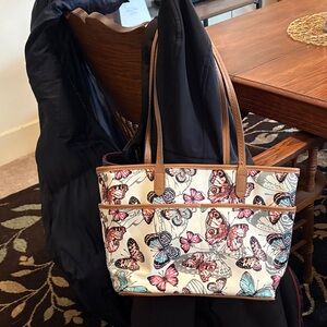 Rosetti Butterfly Print Tote - Cream and Brown